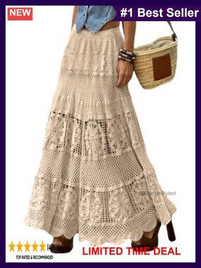 Flowy A-Line Crochet Knit Maxi Boho Skirt Lace Eyelet Hippie Long Skirt